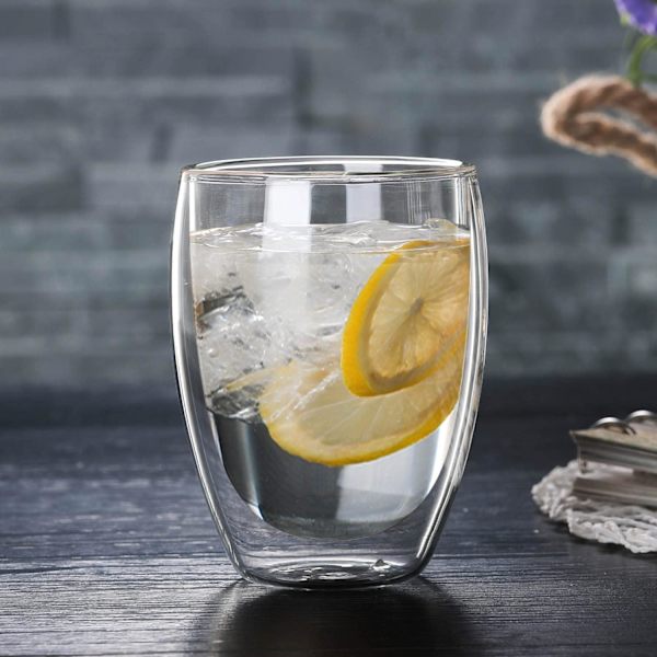 Dobbelt væggede isolerede glas krus (sæt af 2), kaffekrus, tekopper, drikkeglas til kolde eller varme drikke (350 ml)