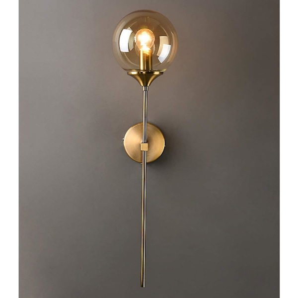 Vintage Industriell Vegglampe, Amber Glass Globe Lang Arm Gull Vegglampe, Gull Vegglampe for Sengesidebord (Amber)