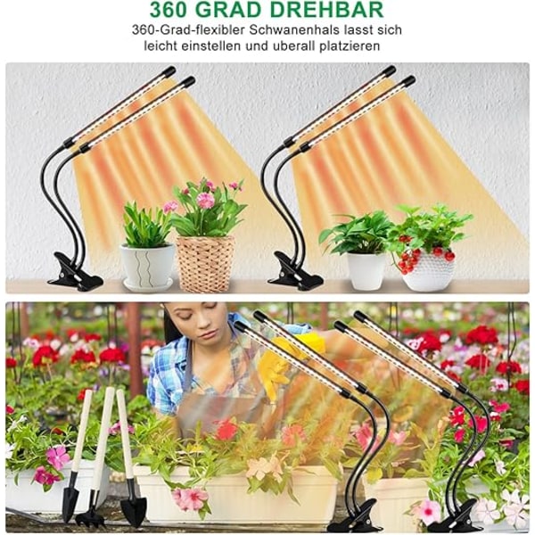 2 st LED-växtlampor, fullspektrum växtlampa, 3000K 5000K 660nm växtlampa för inomhusväxter med timer, 10 ljusstyrkenivåer, för små växter