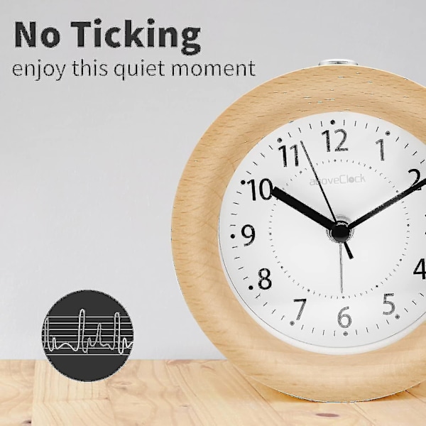 Analog väckarklocka utan tickande, träväckarklocka med snooze, retro väckarklocka bordsklocka Wi