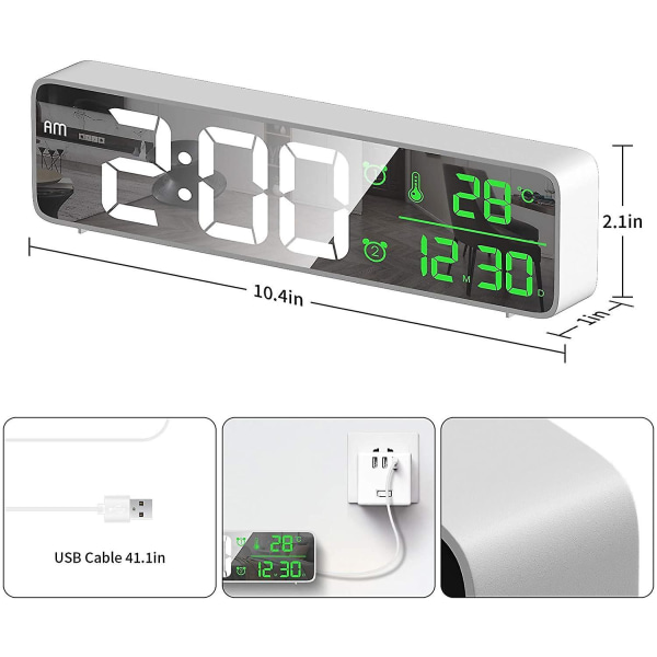 Digital väckarklocka, LED digital klocka Spegelväckarklocka med 40 ljud, temperatur och datum, ljusstyrkajusterad LED-väggklocka på stor skärm, vit