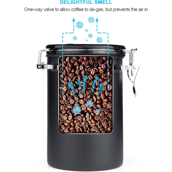Lufttät kaffeburk - Kaffebönbehållare med CO2-ventil - med mätsked - 1,8 L (svart)(FQ)