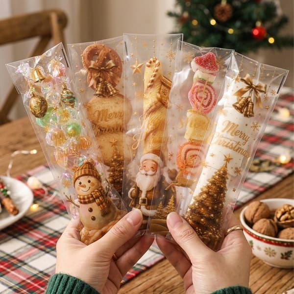 Självhäftande julgodispåsar, långa godispåsar för julbak och presenter 50pcs