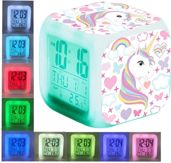 Digital vækkeur til piger med enhjørning, lys LCD LED terning med lys