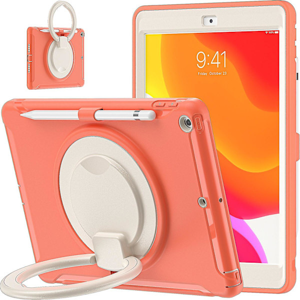 Nytt fodral för iPad 10.2 tum 2019/2020 med roterande ställ, stöttåligt, kameraskydd (korallorange)