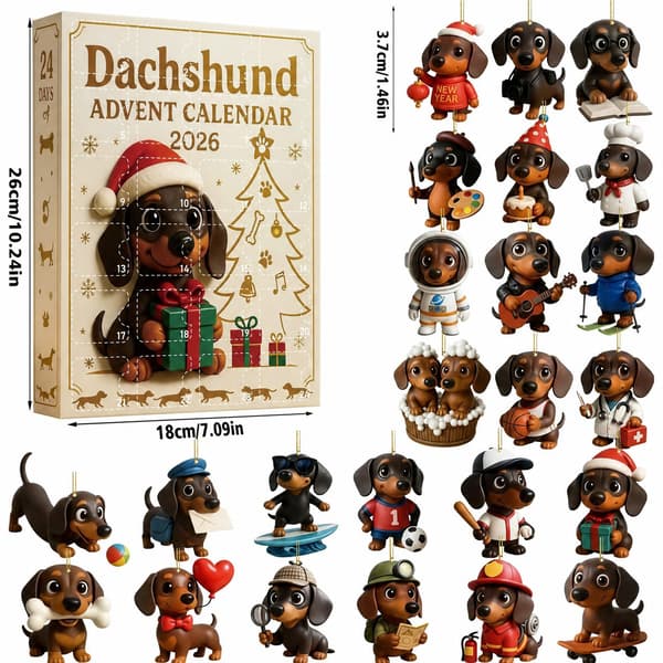 Dachshund julekalender 2026, 24-dagers akryl nedtelling blindboks gave