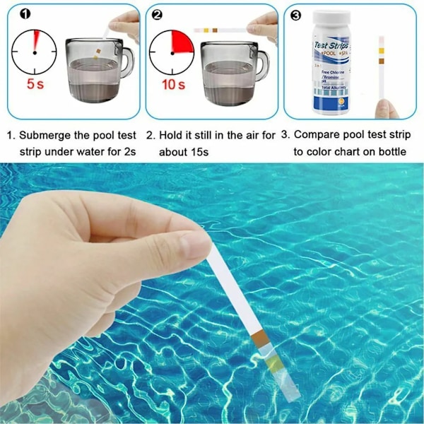 100x Pool Test Strips 3i1 Klor Brom pH Alkalinitet Pool Tester Vand Tester Pool Tilbehør