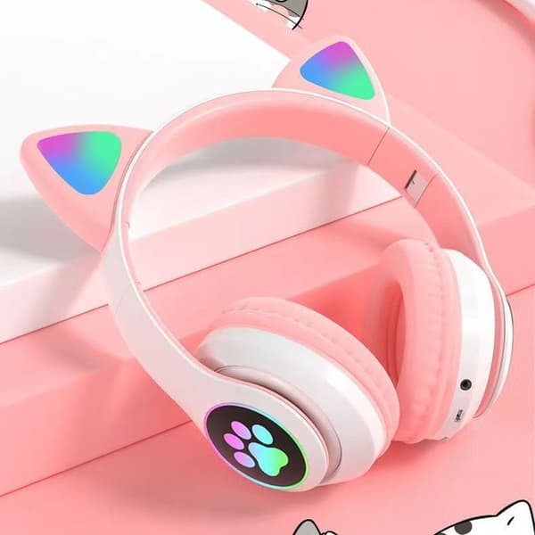 Bluetooth-headset, Barnheadset med kattöron, Vikbart, Med LED-ljus, Rosa F