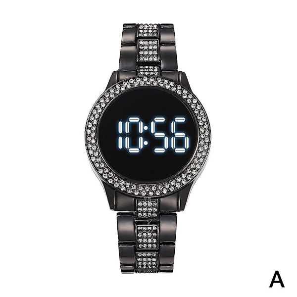 LED-klocka i rostfritt stål, dubbelrad, strass, multifunktionell, magnetiskt spänne, digital klocka [Db] Black