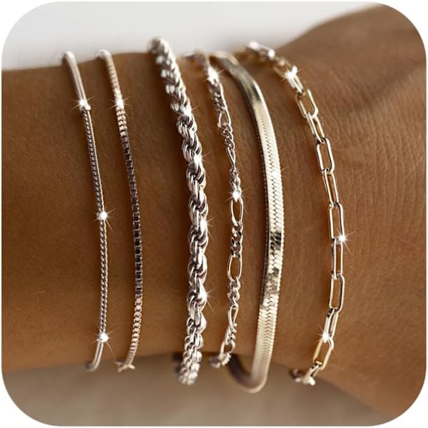 Delikate Sølvarmbånd for Kvinner Trendy, Smykkesett for Kvinner Armbånd Paperclip Box Herringbone Figaro Tau Kjede Armbånd Mote Pakke 2