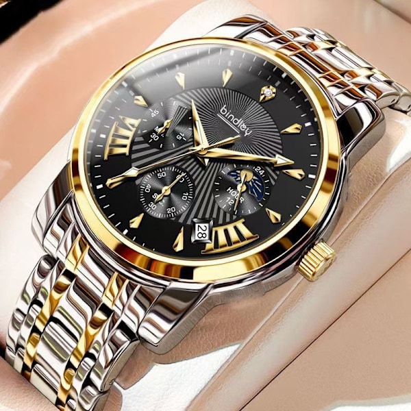 Fotillon Swiss original fuldautomatisk ikke-mekanisk ur hult ur herreur vandtæt lysende kalender business ur 【400 diamonds】Gold and blue surface