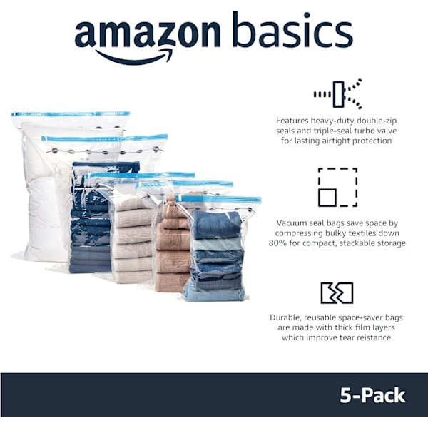 Basics vakuumposer for klær med lufttett ventil og håndpumpe - stor, 5-pakning, glidelås, transparent 5 pack(large) size
