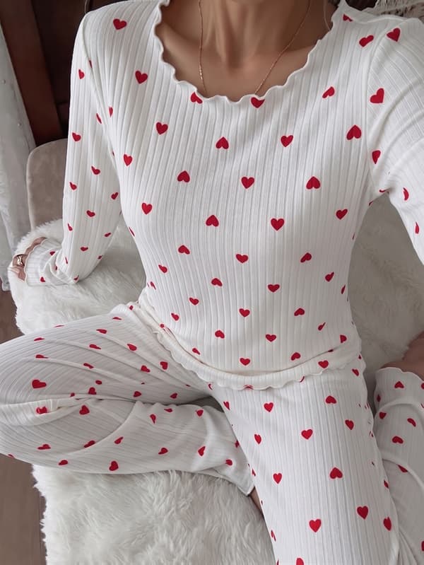 Ribbat pyjamasset för dam med hjärtmönster, långärmad tröja och loungebyxor med elastisk midja, varma vintersovkläder XXL White