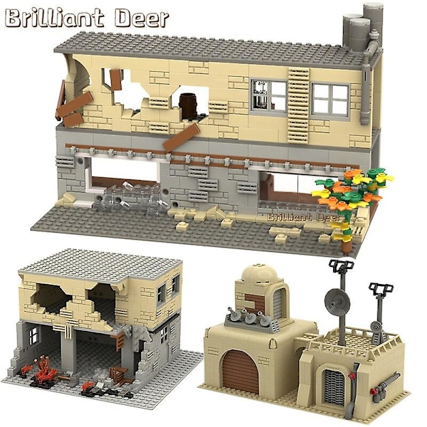 Hylätyt tuhoutuneet rakennukset Moc Ww2 Pubg sotilastukikohta Tee-se-itse-maisemat Rakennuspalikkasarja Osat armeijan sotilashahmoille Poikien lelut 503 kpl 267PCS