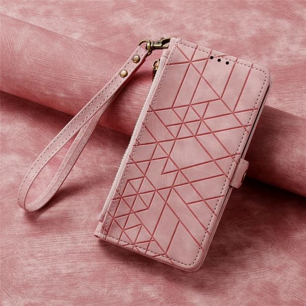 iPhone 17 Pro Max Skal läderfodral med geometrisk dragkedja och sidobuckle Rosa
