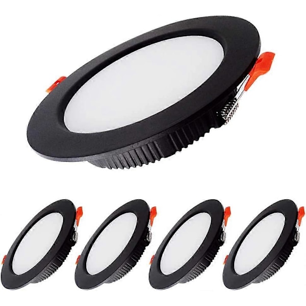 7W LED Downlight dimbar svart 230V 5 st, 700LM = 70W, IP44, Kallvit 6000K, Utskärning 80-90mm, [Energiklass A]