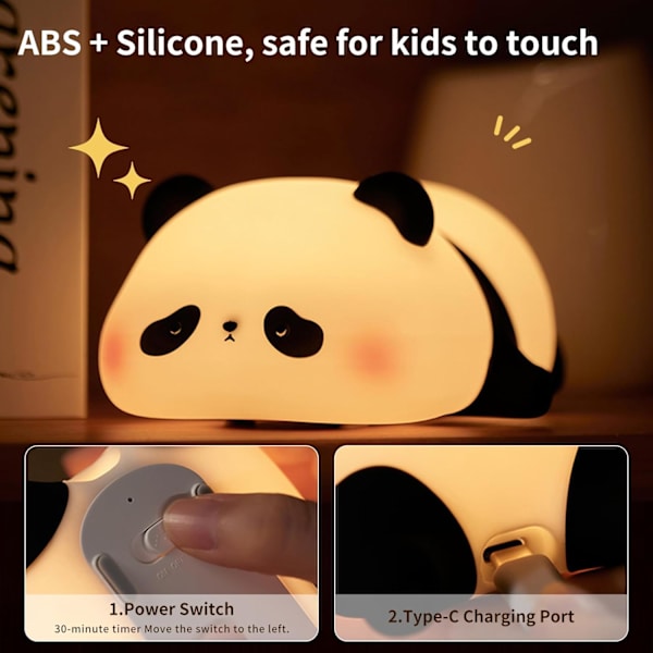 Natlampe Børn Panda Natlampe Panda Lampe Dæmpbar Timer, Touch Kontrol Silikone Natlampe Baby, USB Genopladelig Sød Panda Lampe