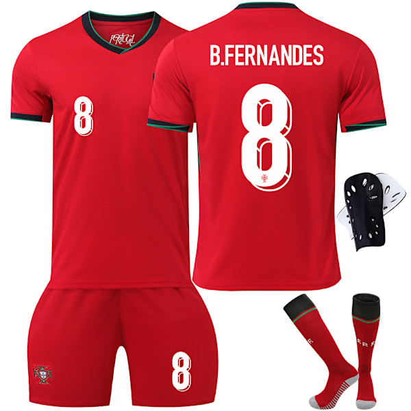 2024 Portugal fotbollströja nr 7 Ronaldo 8 B Fee 11 Phillips EM barn tröjset korrekt version Size 8 socks + protective gear