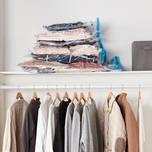 Basics vakuumposer for klær med lufttett ventil og håndpumpe – flere, 3 x jumbo, 3 x store, 3 x mellomstore, 3 x små, 12-pakning, glidelås, 12 pack(multiple) size