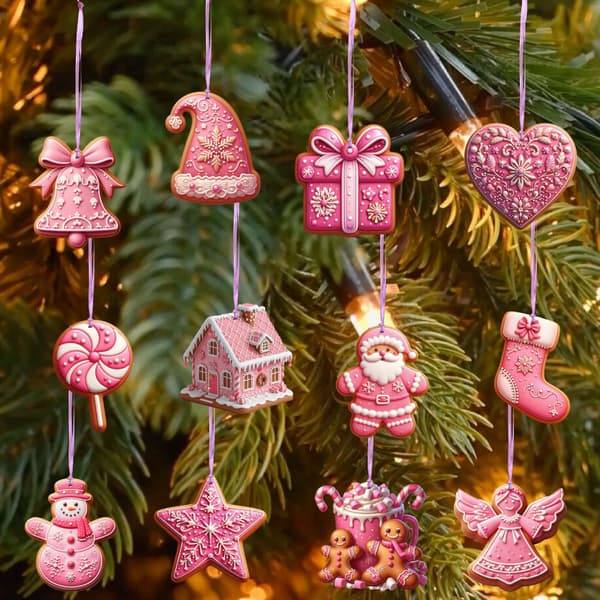 24-delt rosa pepperkake juletrepyntsett - juletrepynt