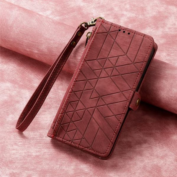 iPhone 17 Pro Max Skal läderfodral med geometrisk dragkedja och sidobuckle Röd