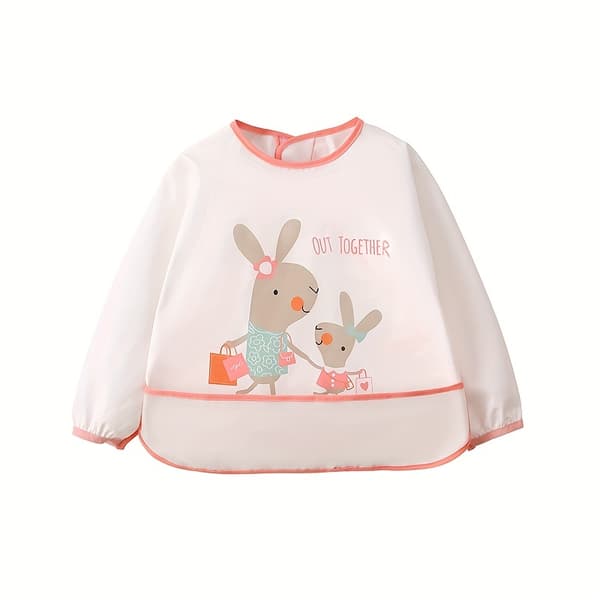 Långärmad Haklapp för Bebisar vid Måltider - Kladdfri Matningshaklapp för Spädbarn, Skyddar Kläder Rabbit On White