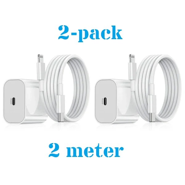 2-pakke - iPhone-lader Hurtiglader - Adapter + Kabel 20W USB-C 2m