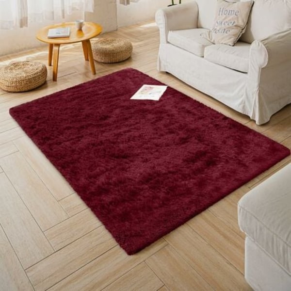 Luvtæppe til stue - Moderne fluffy - Kort luv - Skridsikker bordeaux (80 cm x 160 cm)