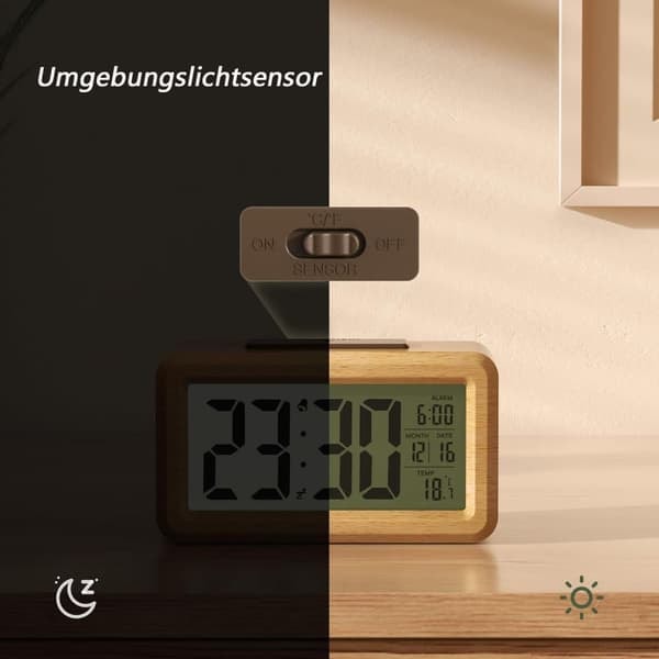 Digital väckarklocka i trä med LCD-skärm, utrustad med smart ljussensor och snooze-funktion