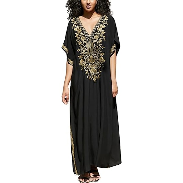 YouKD Kaftan med blomsterbroderi, bohemisk strandklänning, bikiniöverdrag, lång strandkaftan för kvinnor