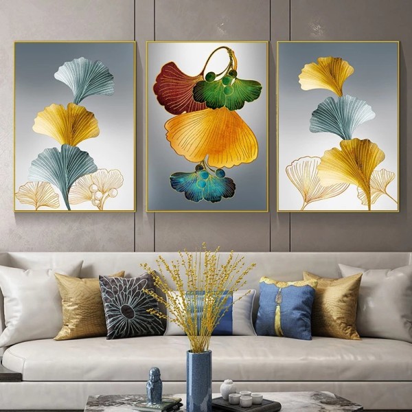 Set av 3 affisch väggkonst, Ginkgo Line Gold Leaf konstmålning Print