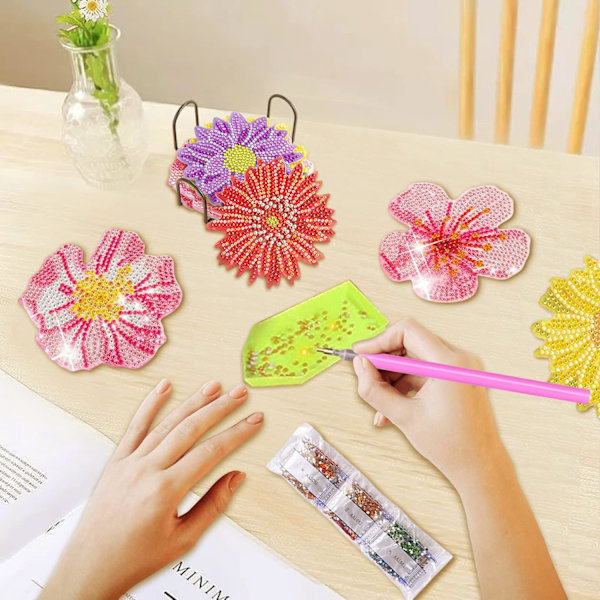 Diamond Painting Coaster med Holder, Diamond Art Coaster Kits til Begyndere, Små Diamond Painting Kit Kunsthåndværk Forsyninger (6 stk. Blomst)