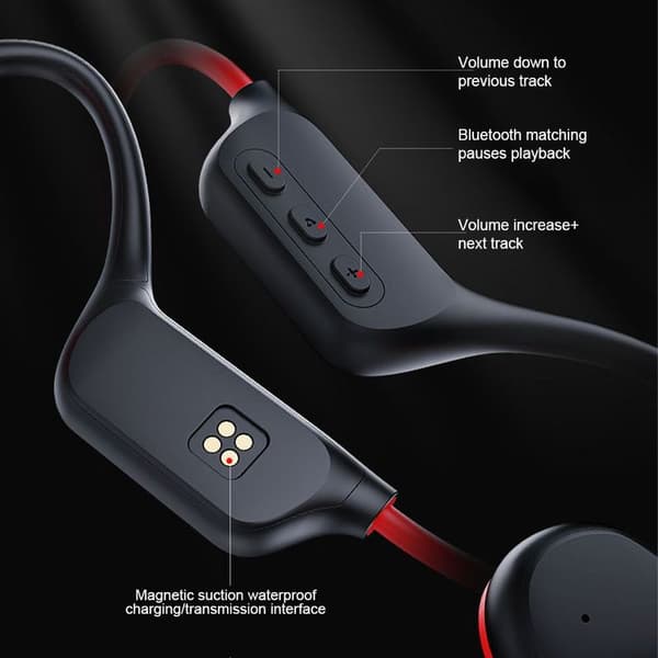Bone Conduction Hovedtelefoner - IPX8 Vandtæt, til Svømning, Sort, Rød