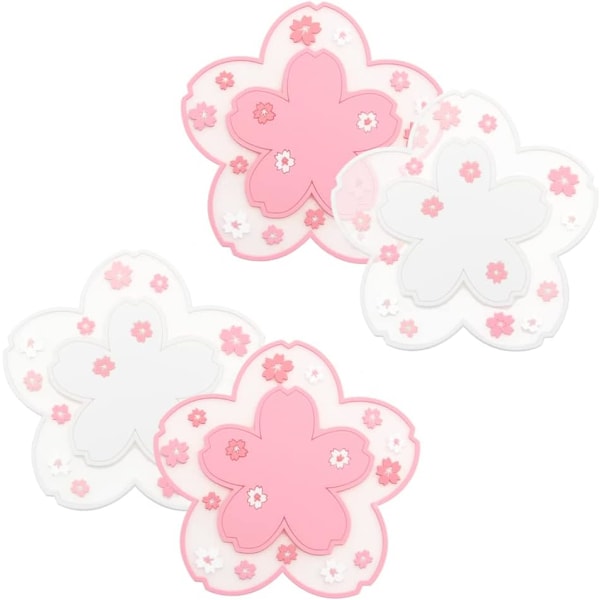 4pcs PVC Sakura Coasters Bowl Mats Cute Non-slip Sakura Placemats Coasters 11.5cm Soft Sakura Coaster Mats (2 Pink + 2 White)