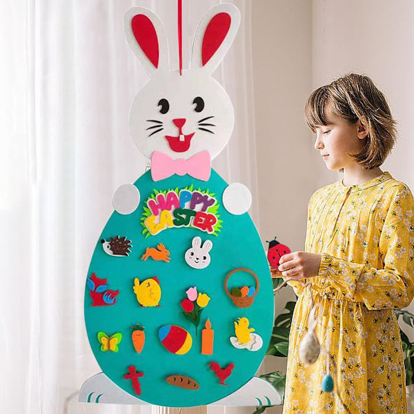 Pääsiäisen DIY Huopapupu-setti taaperoille, 94 cm roikkuva pupu huopatyösetti, jossa tipu, siili, perhonen, kukkia, risti, 17 irrotettavaa osaa
