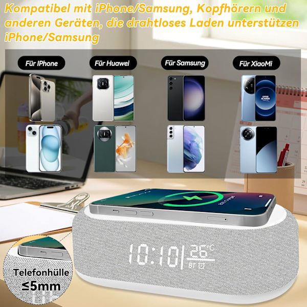 Digital Vekkerklokke, Bluetooth Digital Audio Vekkerklokke - 9 Farger Nattlys, Bluetooth Høyttaler, Trådløs Lader for iPhone/Samsung, Temperatur