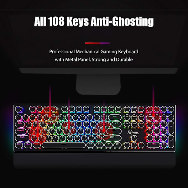 Mekanisk Speltangentbord i Skrivmaskinstil med RGB-Bakgrundsbelysning, Vikbart Handledsstöd, 108 Tangenter, Blå Switch, Retro - Perfekt