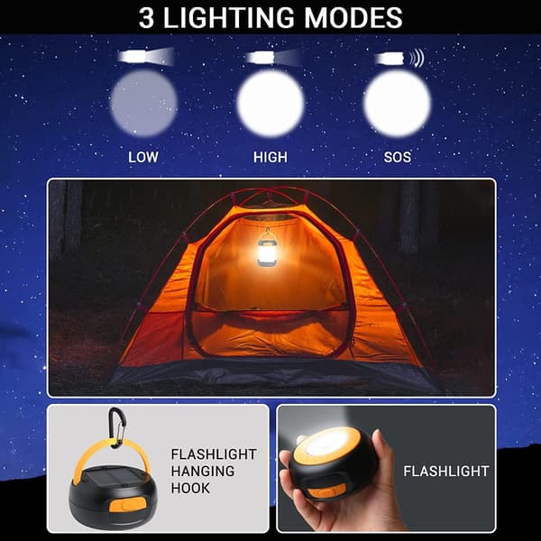 LED Campinglampe, foldbar solcellecampinglanterne, powerbank med 2 opladningsmetoder (solcelle/USB) og 3 lystilstande