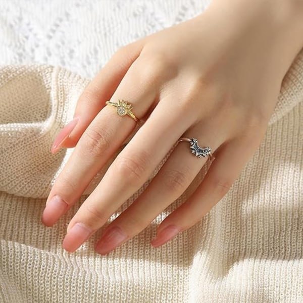 Sol och måne ring set, gnistrande sol måne ring för kvinnor guld 10