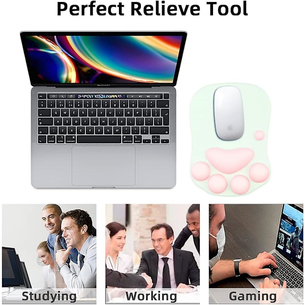 Musmatta med kattfot och handledsstöd, portabel ergonomisk halkfri gamingmusmatta för lindring av handledssmärta (27,2 x 19,6 x 2,8 cm) (Grön)