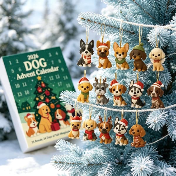 Hunde-julekalender 2026, 24-delt akrylpynt blindboks for tredekorasjon