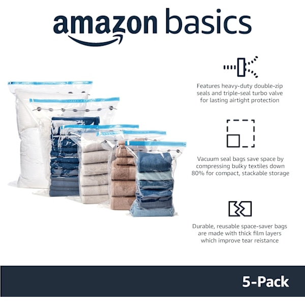 Basics vakuumpåse för kläder med lufttät ventil och handpump – medium, 5-pack, dragkedja, transparent 6 pack(medium) size