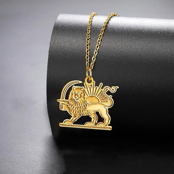 Iranskt Lejon och Sol Halsband, Rostfritt Stål gold