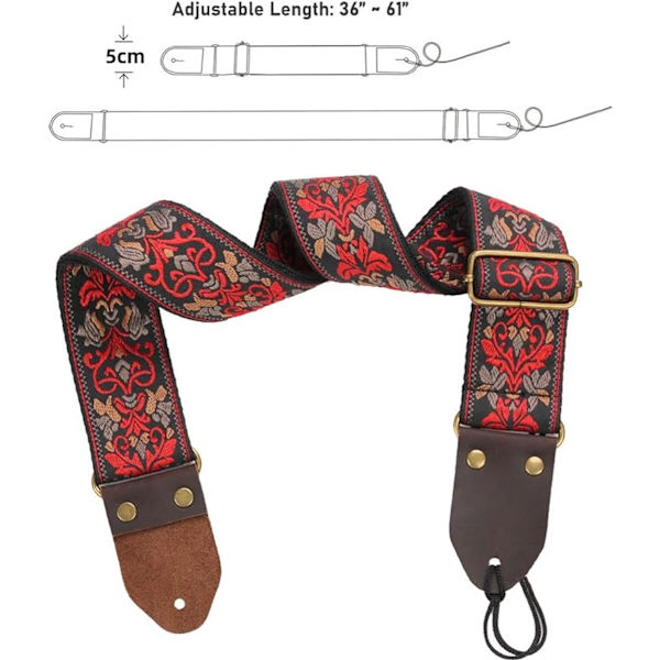 Gitarrrem med broderi - Jacquardvävd justerbar rem - 5 cm bred gitarrbälte för elakustisk bas