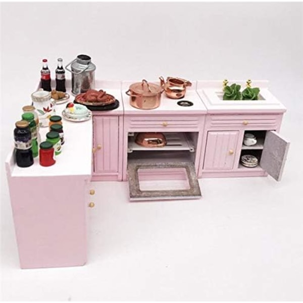 1:12 Dukkehust Miniatyr Møbler Kjøkken Tre Rosa Kombinasjonskap Benkeplate Benkeplater 1/12 Skala Deluxe Tre Kjøkkensett