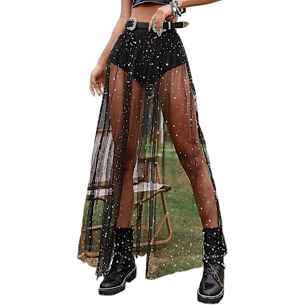 Dame 2-i-1 Galaxy Gjennomsiktig Netting Skjørt Gjennomsiktig Strand Cover-up Maxi Skjørt Elastisk Høy Midje A-linje Lang Skjørt-L