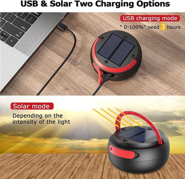 LED Campinglampe, foldbar solcellecampinglanterne, powerbank med 2 opladningsmetoder (solcelle/USB) og 3 lystilstande