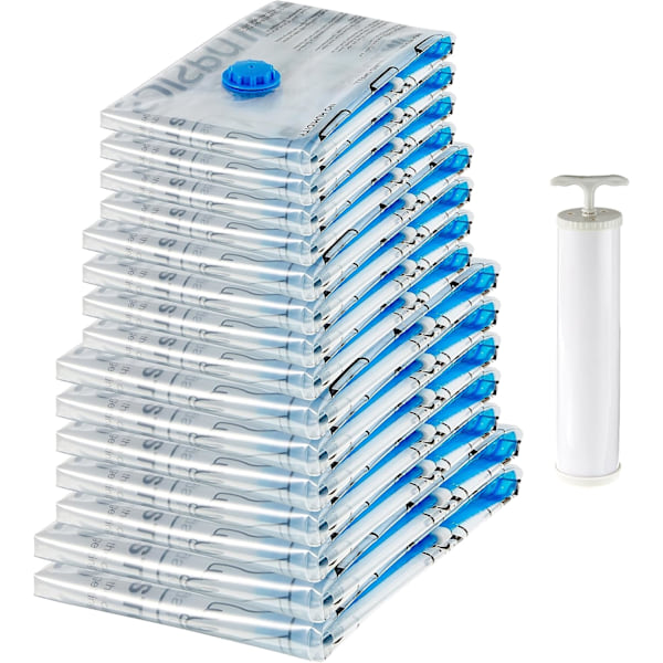 Basics-imupussi, puristus- ja vetoketjulliset säilytyspussit, ilmatiiviillä venttiilillä ja käsipumpulla, 15 kpl, 2x X-jumbo, 5x jumbo, 4x (L, M) 15 pack(several) size