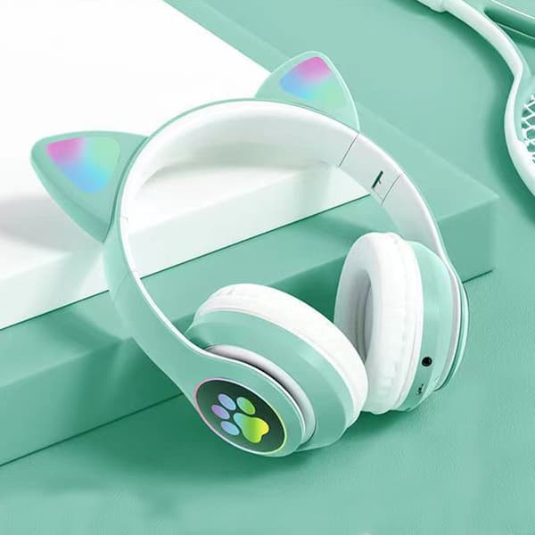 Bluetooth-headset, Barneheadset med katteører, Sammenleggbar, Med LED-lys, Grønn E