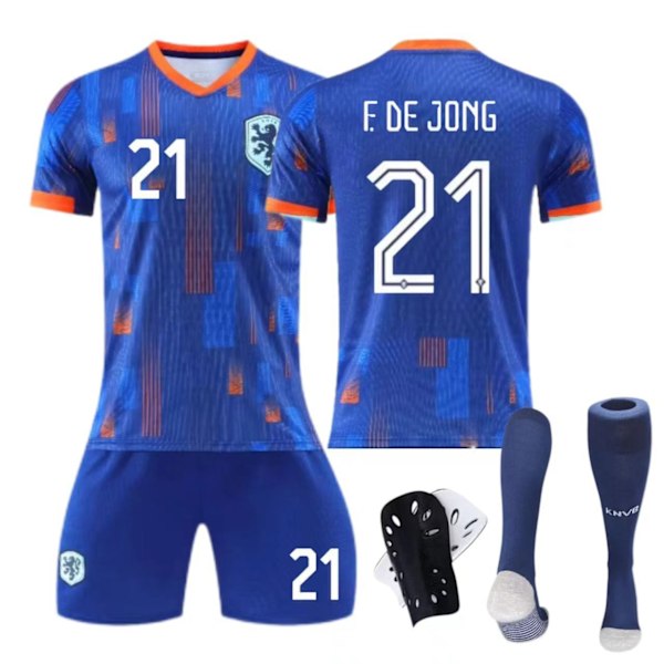 Nederländernas bortaställ 2023/24 nr 4 Van Dijk 21 De Jong barn vuxen kostym fotbollströja nr 21 strumpor + skyddsutrustning No. 21 socks + protective gear 16